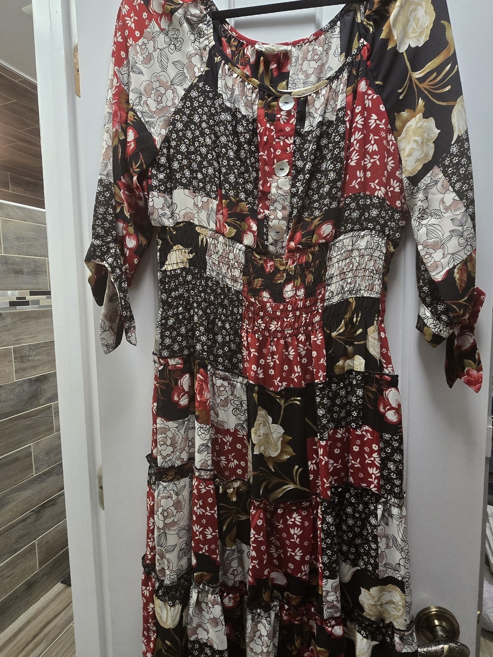 Patchwork Floral Maxi Dress in Red, Black & Cream